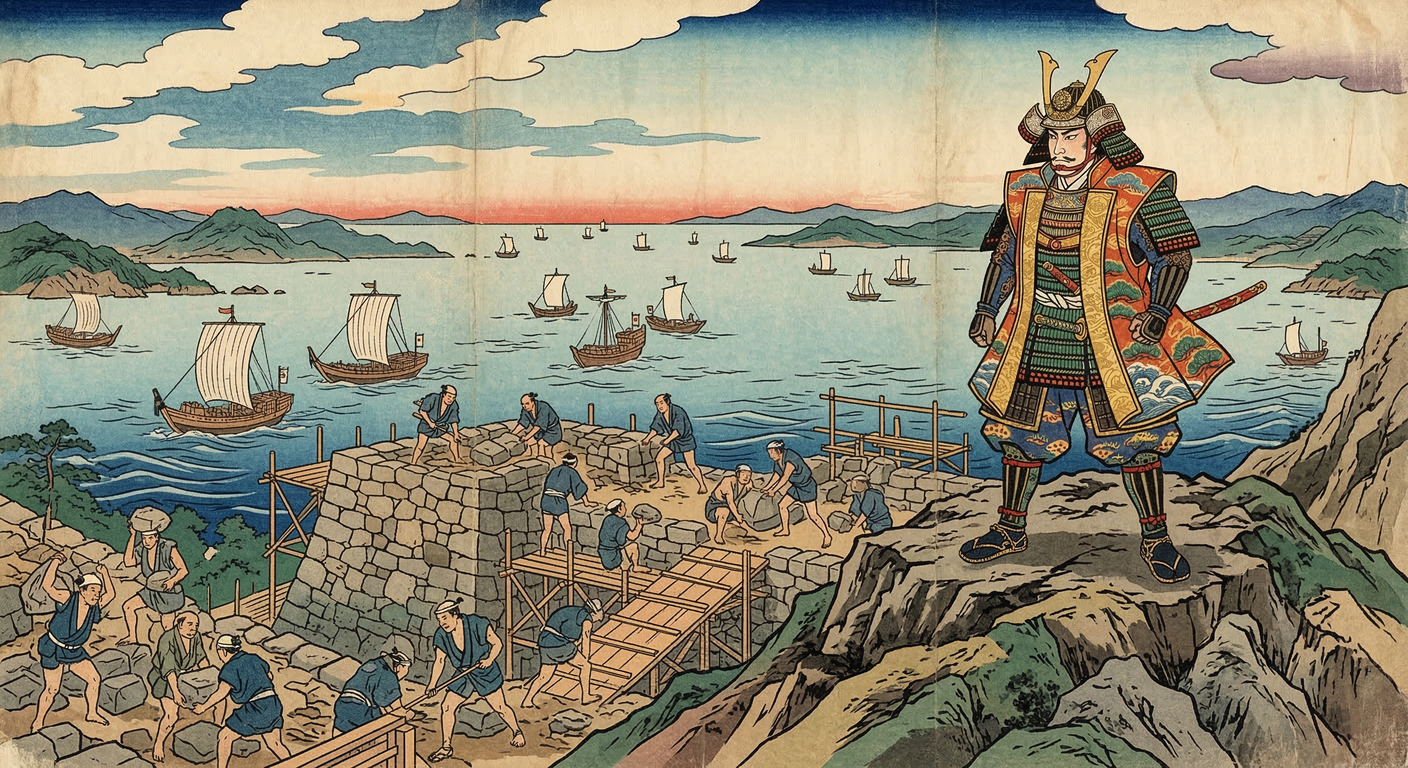 慶長二年、豊臣政権末期、生駒親正・一正父子は讃岐国亀山に丸亀城を築城。渦郭式の先進的な縄張りと野面積みの石垣が特徴。慶長の役の兵站、西讃岐の統治拠点として、生駒氏の政治的生存戦略を象徴した。