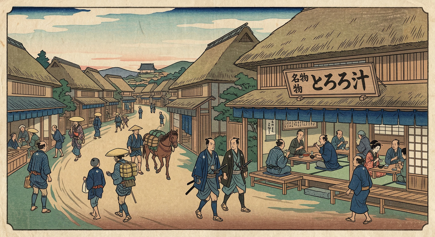 丸子宿整備は、徳川家康による東海道交通網整備の一環。駿府と宇津ノ谷峠の要衝に位置し、治水・軍事も考慮。名物とろろ汁で栄え、制度と人々の暮らしが交錯。