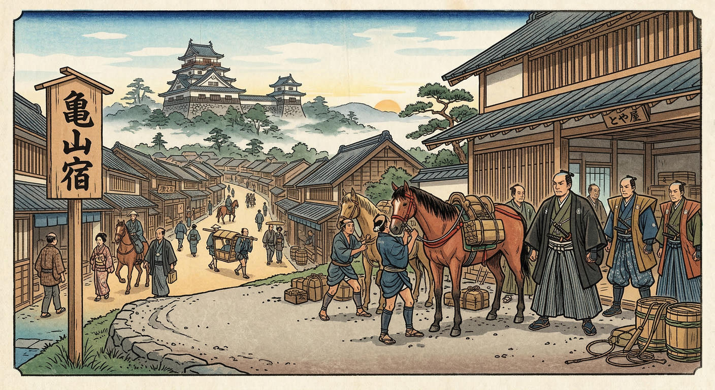 1601年の亀山宿整備は、関ヶ原後の徳川家康による東海道宿駅伝馬制度の一環。伊勢の要衝に位置し、城下町としての防御機能と宿場機能が融合。関一政が藩主として整備を担い、徳川の統治強化に貢献。