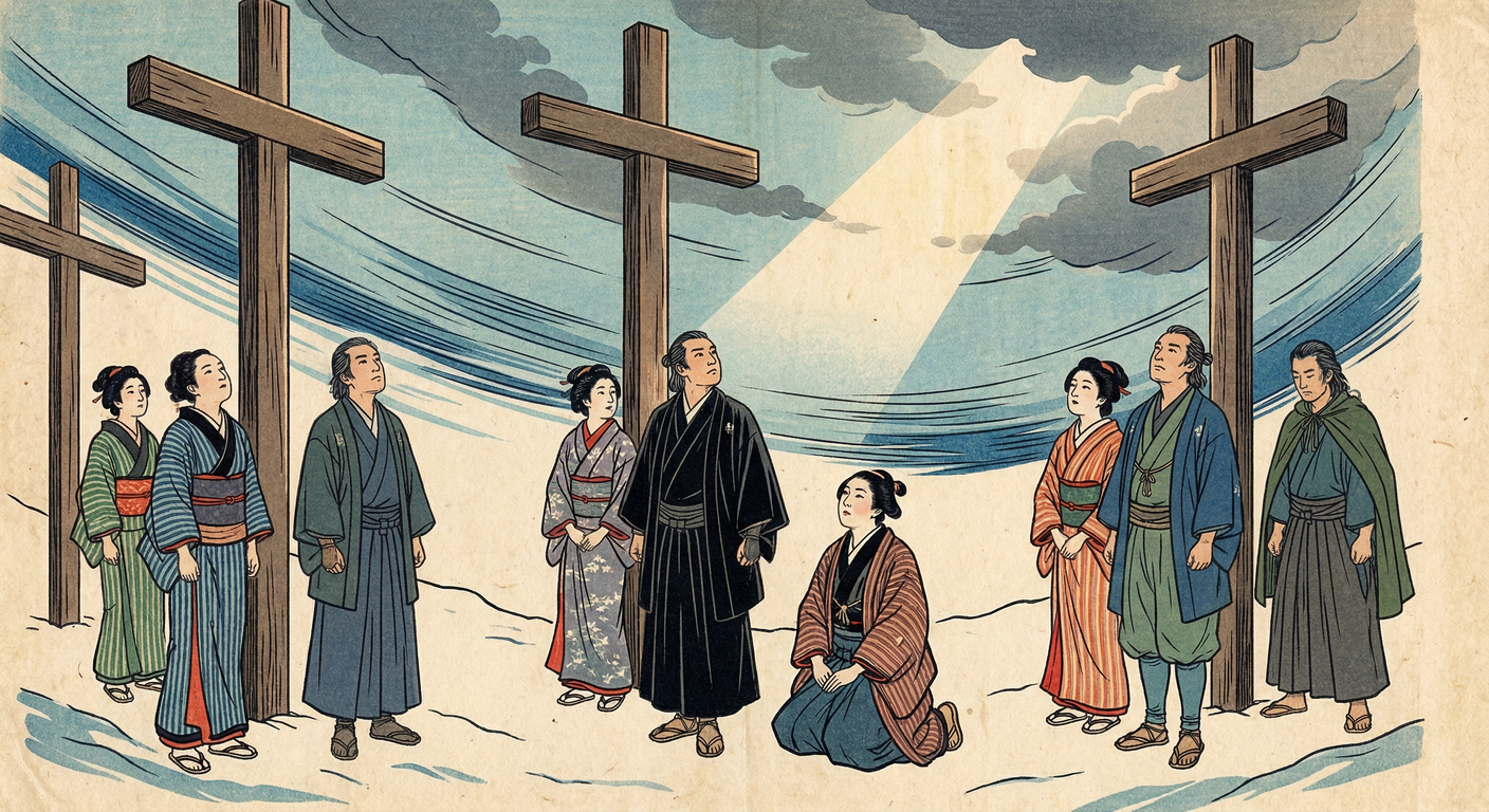 1597年、豊臣秀吉の命により、26名のキリシタンが長崎西坂の丘で処刑された。サン・フェリペ号事件を契機とした秀吉のキリスト教弾圧は、徳川幕府の禁教政策と鎖国体制への道を開いた。