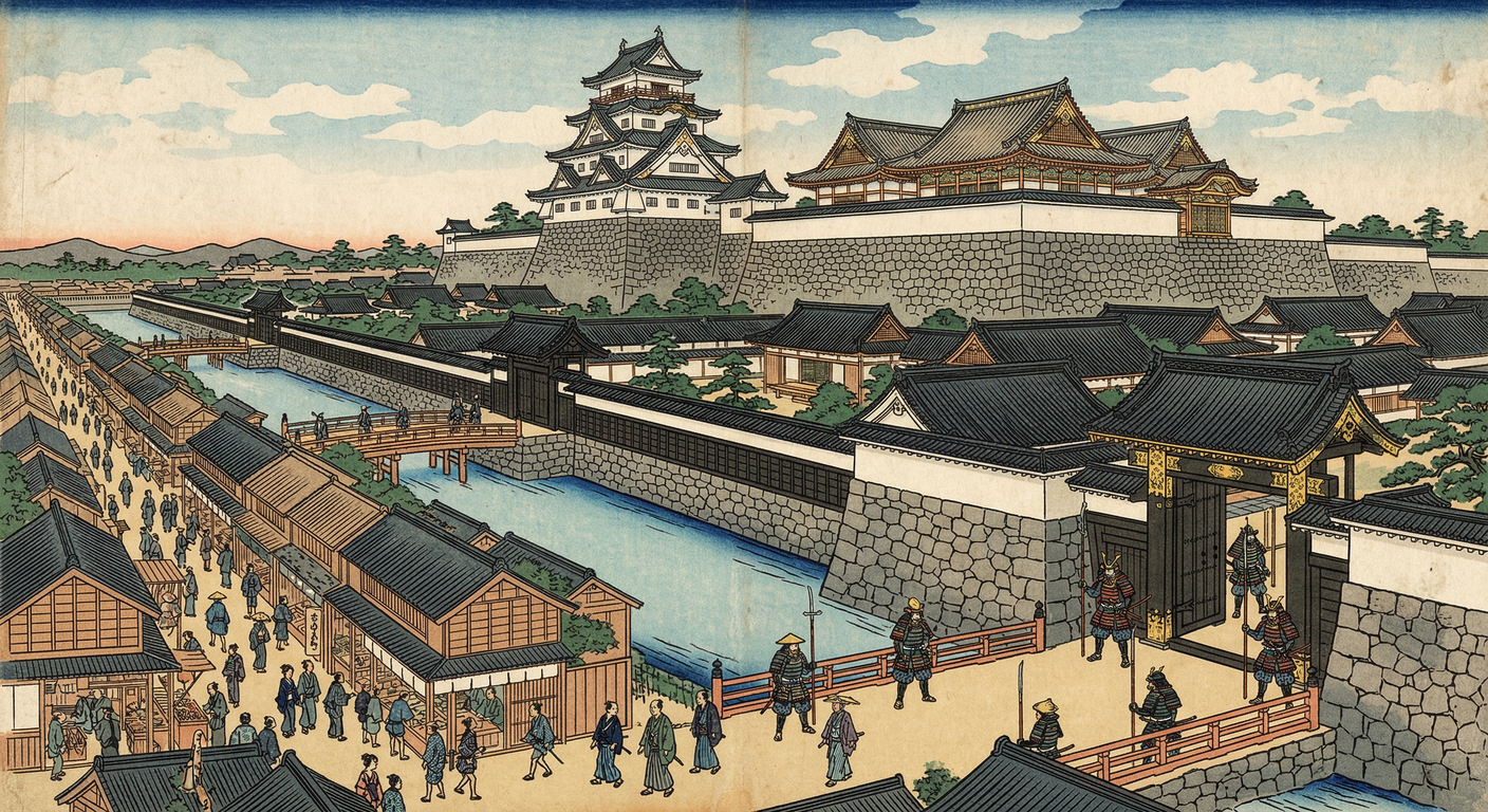 慶長八年、徳川家康は二条城と武家地を築き、京都支配の楔を打つ。これは朝廷を監視し、町衆の自治を解体する深謀。戦国の終焉と新たな天下泰平を空間に刻んだのである。