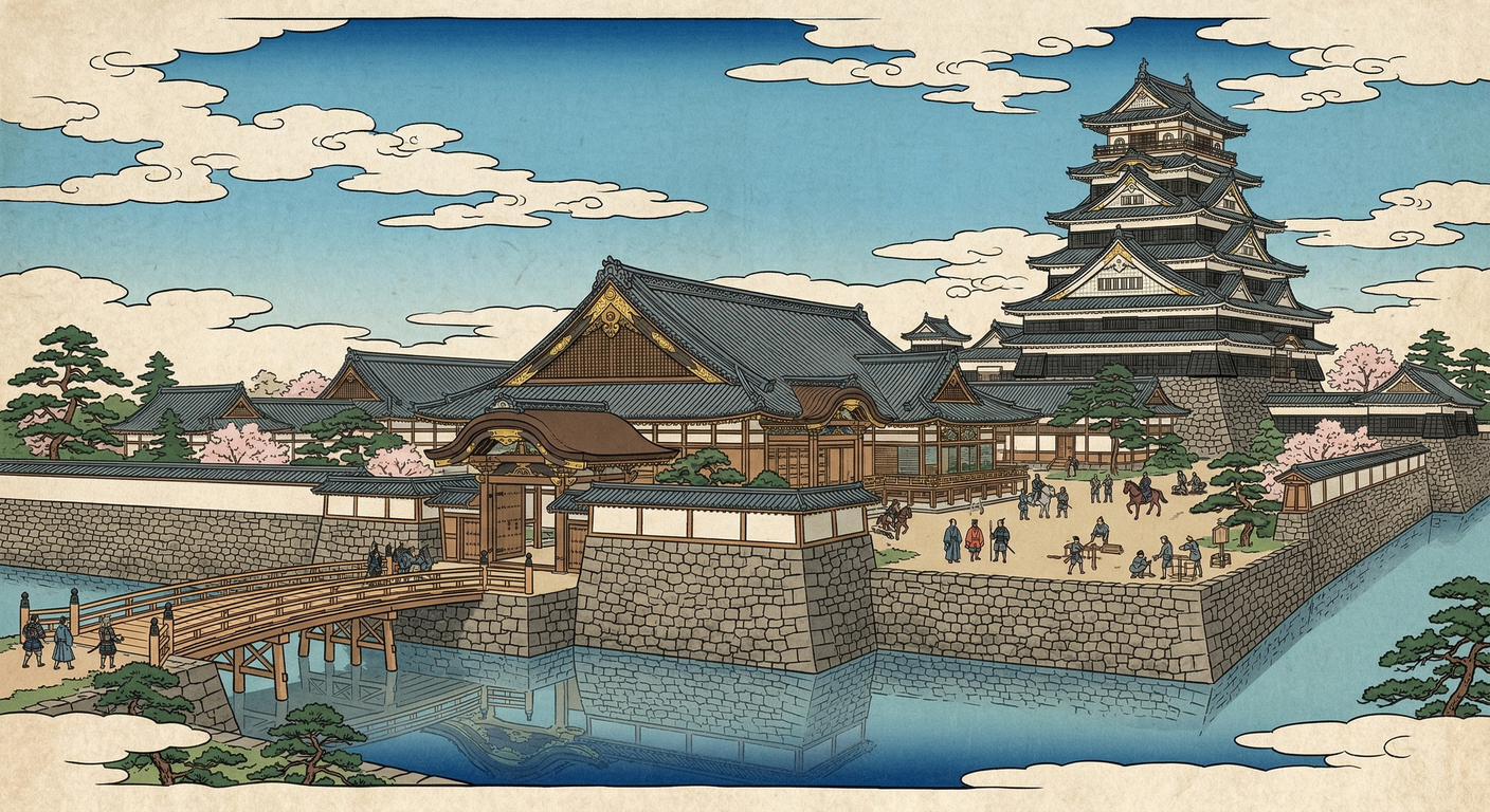 1603年、徳川家康は京都に二条城を築城。関ヶ原後の豊臣家への牽制と朝廷掌握のため、天下普請で諸大名に労役を課し、将軍宣下の舞台とした。この城は徳川公儀の誕生を天下に宣言した。