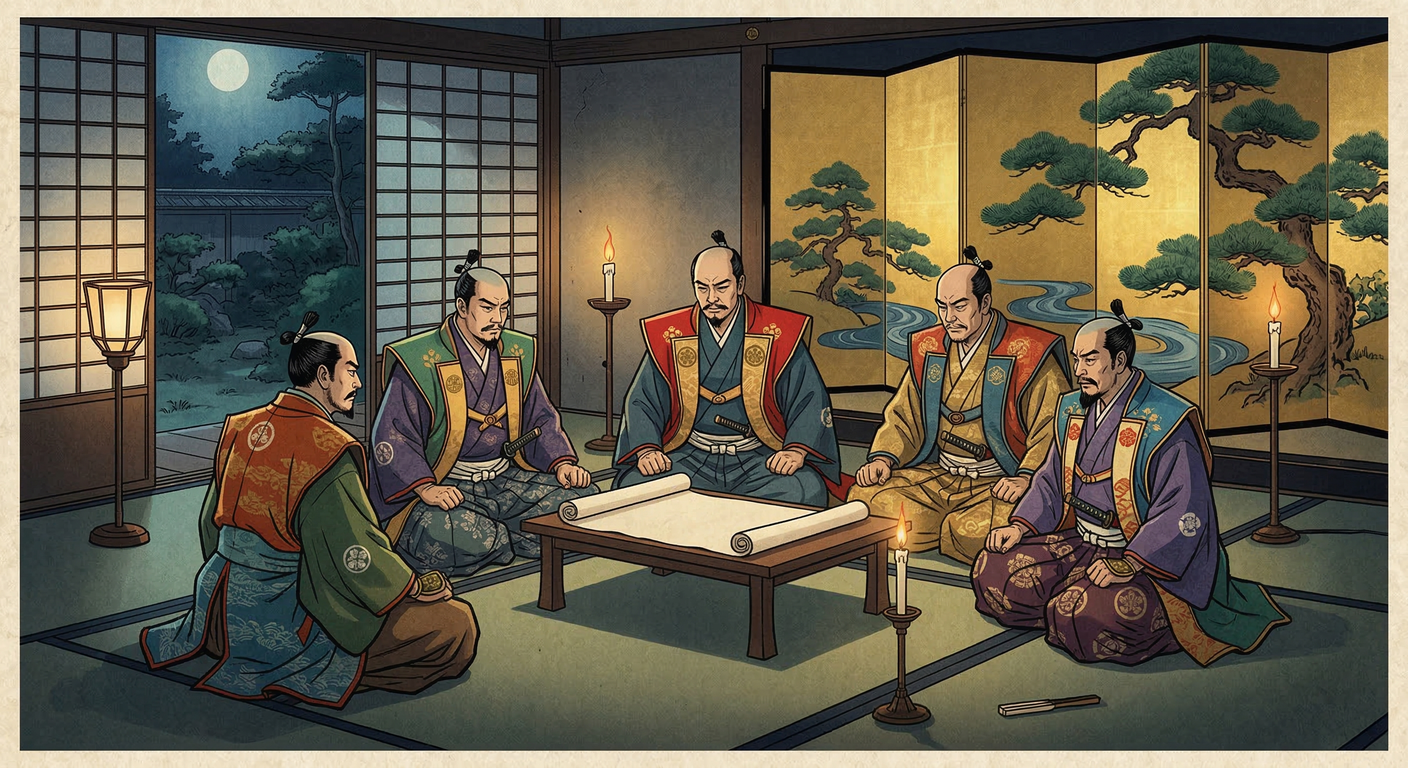 文禄4年、豊臣秀吉は秀次事件後の政権安定のため五大老を設置。徳川家康を牽制し、幼い秀頼の後見体制を築くも、制度の矛盾と秀吉・利家の死により関ヶ原の戦いへと繋がる。