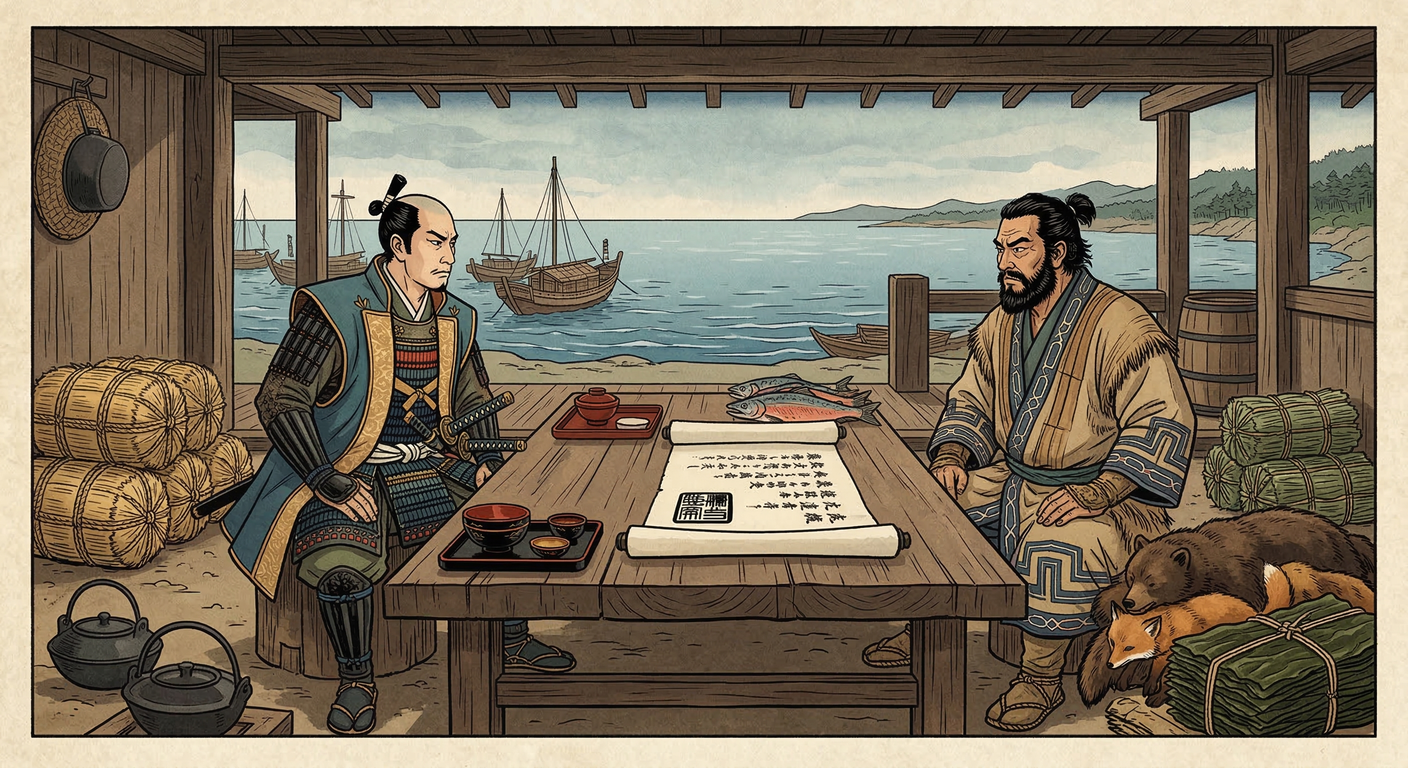 慶長五年頃、徳川家康は松前慶広に黒印状を与え、蝦夷地交易を松前藩に独占させた。これによりアイヌは経済的に従属し、商場知行制から場所請負制へと移行。収奪が深化し、後のアイヌ抵抗運動の遠因となった。