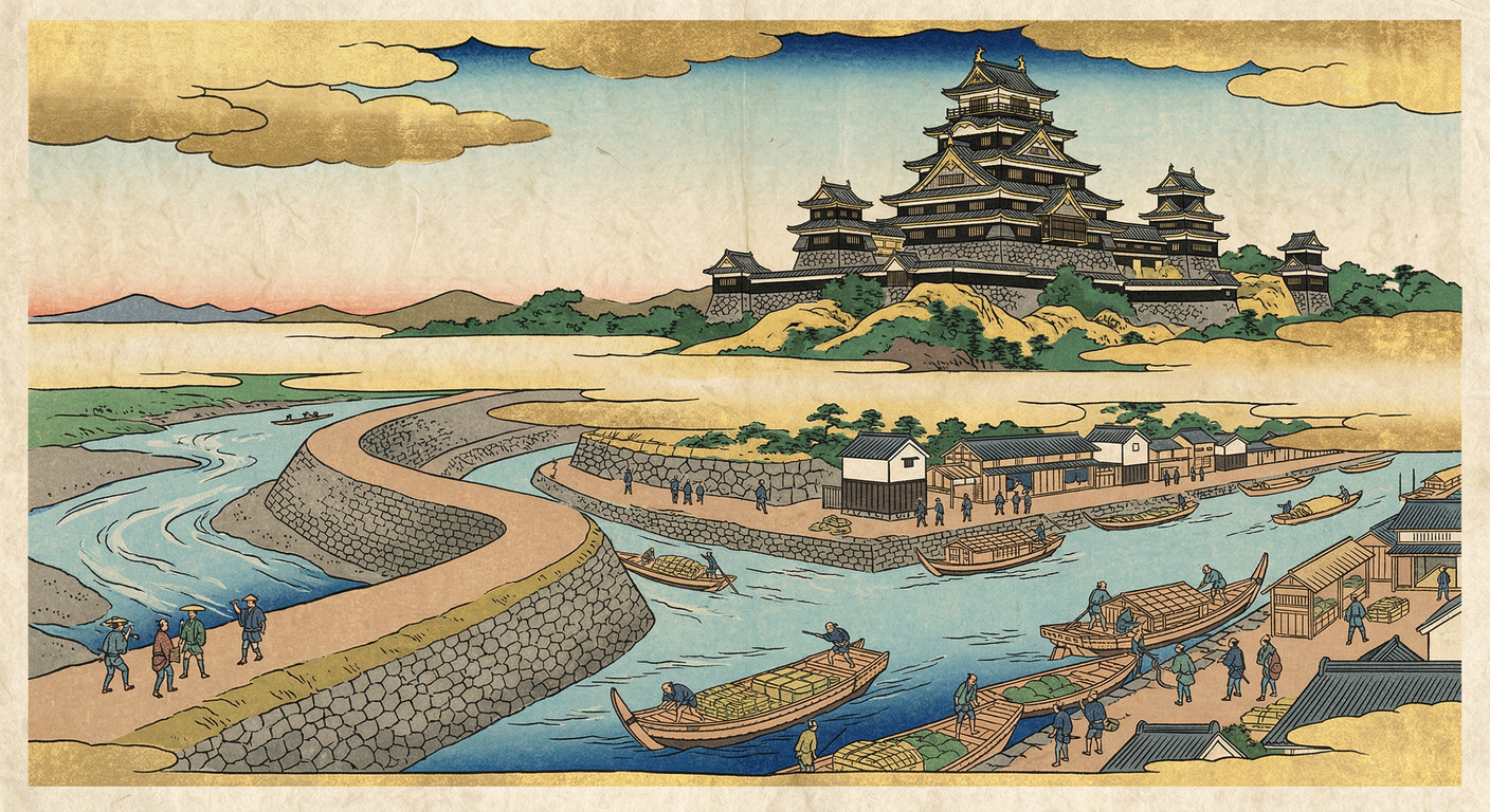 文禄3年、秀吉は伏見を新首都と定め、運河整備に着手。巨椋池と宇治川の流路を変え「太閤堤」を築造し、伏見港と大坂を結ぶ水運を確立。現代の京都南部にも影響を残す壮大な国土改造であった。