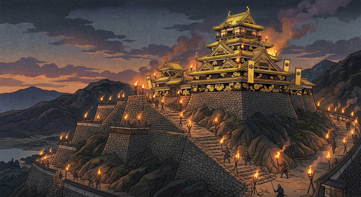 文禄5年、慶長伏見地震で指月伏見城が壊滅。秀吉は権威回復のため木幡山に新城建設を命じ、天下普請で突貫工事。わずか1年で壮麗な伏見城を再建したが、秀吉死後、城は徳川に継承され廃城。