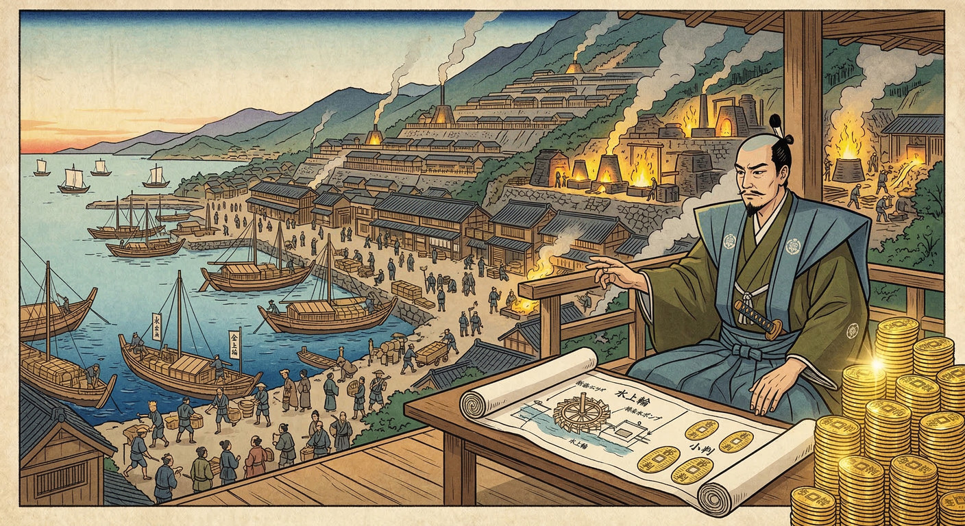 徳川家康は1601年、佐渡金山を直轄化。上杉氏から没収し、豪商・田中清六を代官に。相川金山発見後、大久保長安が先進技術と計画都市で生産を飛躍させ、幕府財政の礎を築いた。