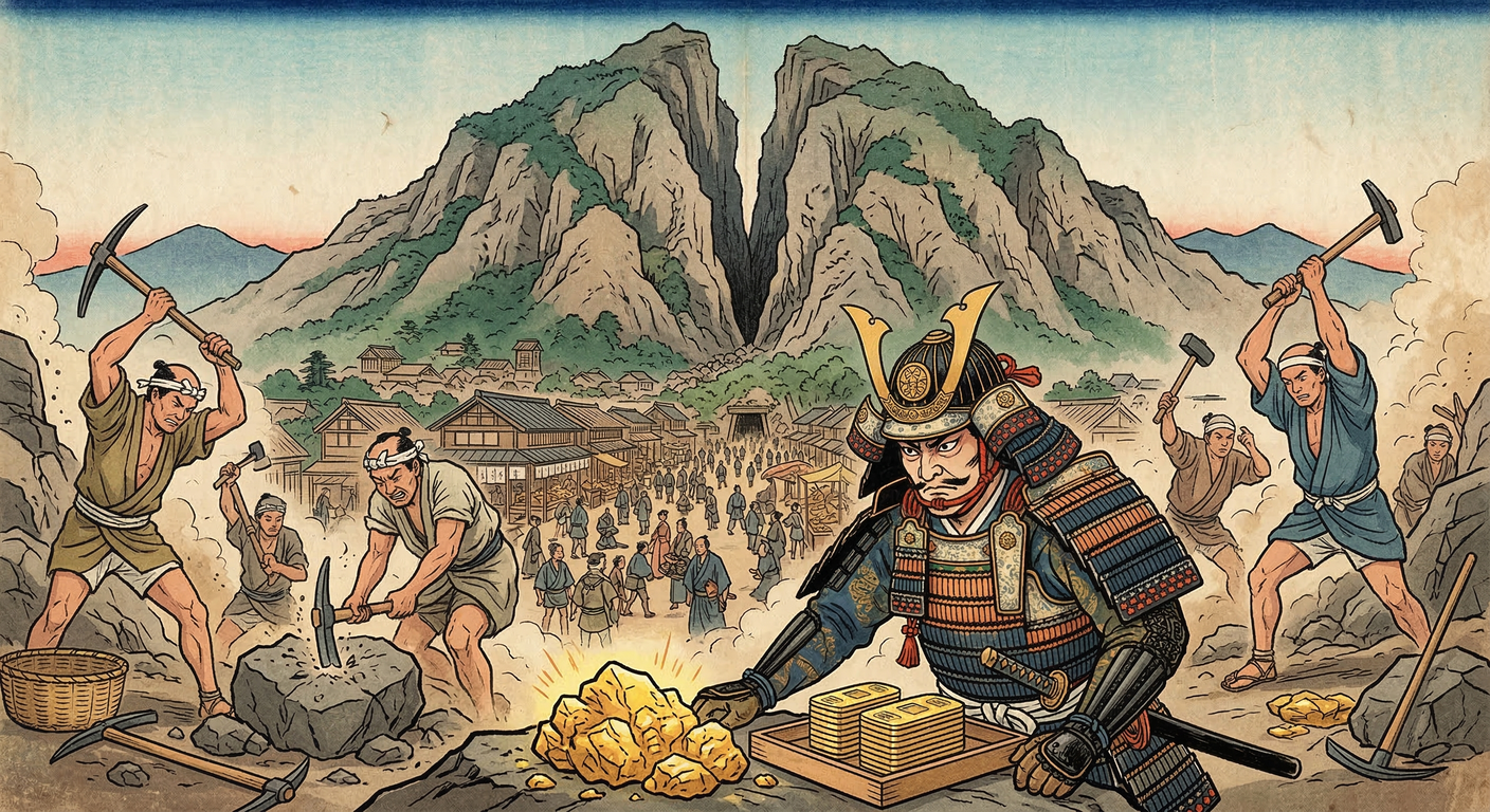 慶長6年、徳川家康は佐渡金山を直轄領とし、大久保長安を代官に任命。道遊の割戸の発見と灰吹法の導入で産金量が飛躍的に増加。幕府財政の基盤を確立し、慶長小判の鋳造を支えた。