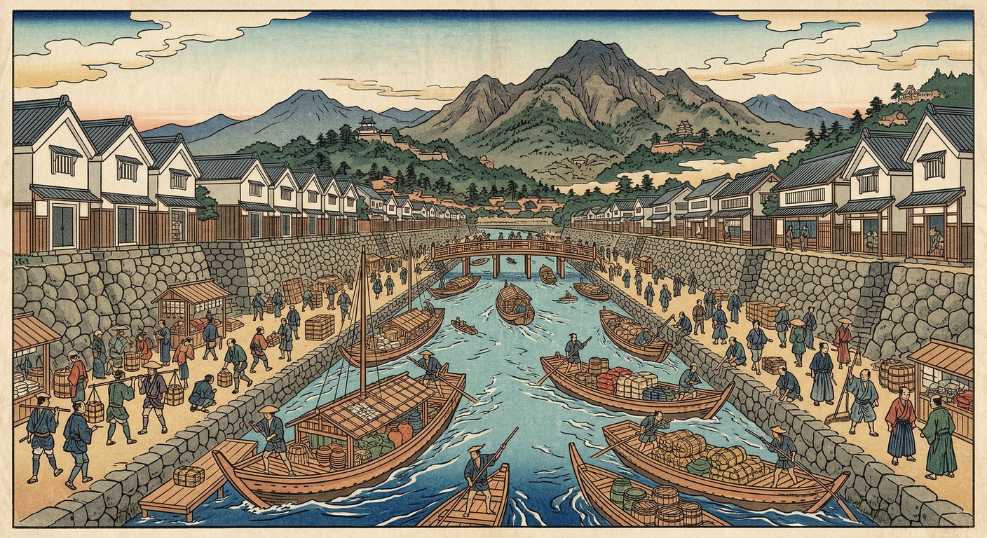 豊臣秀次が築いた八幡堀は、城の防御と琵琶湖の物流を結ぶ運河を兼ね備える。掟書で商船の寄港を義務付け富を独占。秀次の死後、城が失われても堀は経済基盤として自立し、近江商人の町の礎となった。