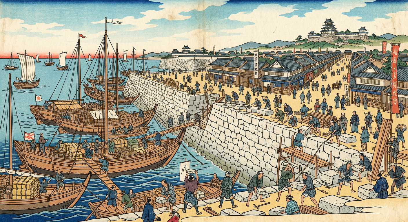 慶長七年、池田輝政は慶長伏見地震と関ヶ原後の兵庫津を大改修。中世港を近世物流拠点へと再生させ、徳川幕府の全国流通網と経済戦略の要衝とした。これは戦国から近世への転換を象徴する。