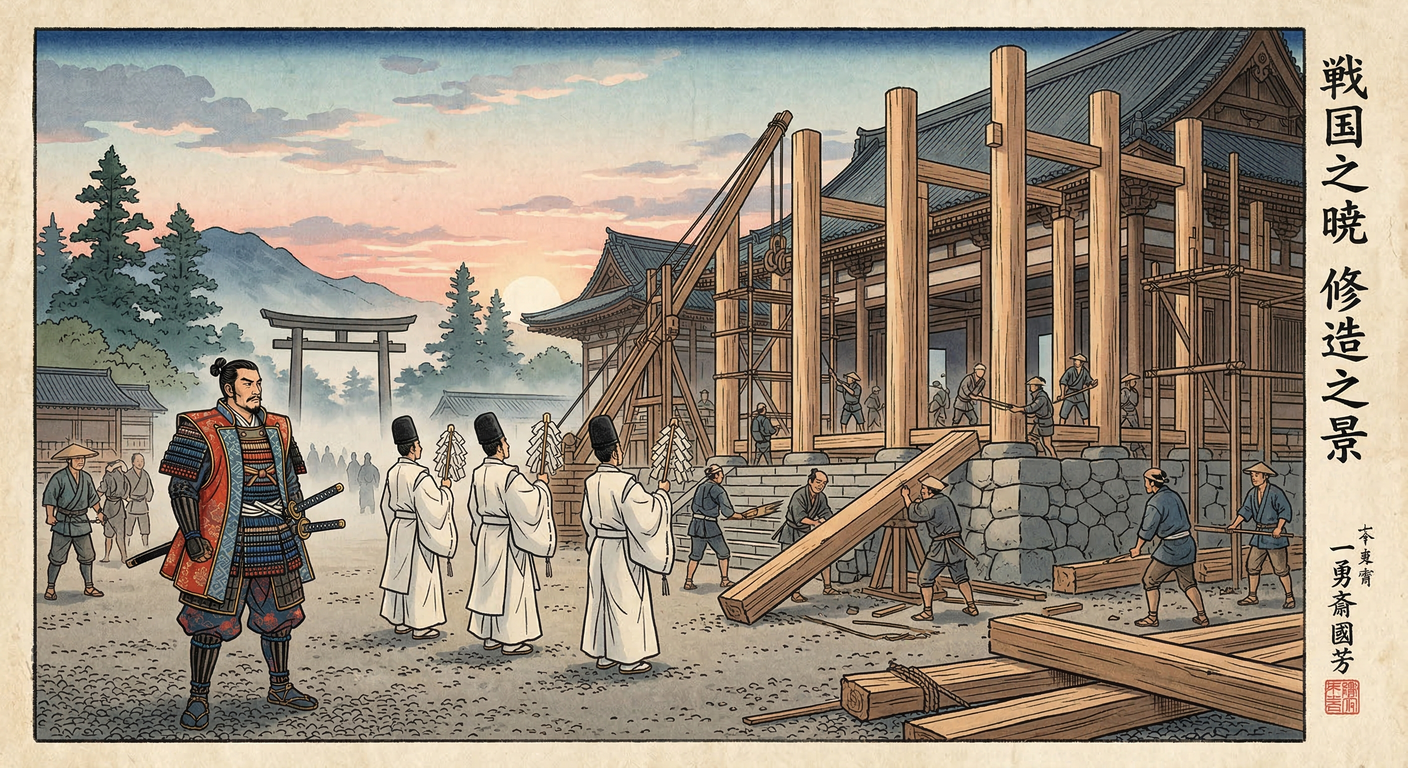 慶長7年（1602年）、徳川家康の深謀と豊臣秀頼の威信、そして新領主堀尾吉晴の戦略が交錯し、戦乱で荒廃した出雲大社の修造が決定。これは戦国終焉と近世社会の到来を告げる象徴的な出来事であった。