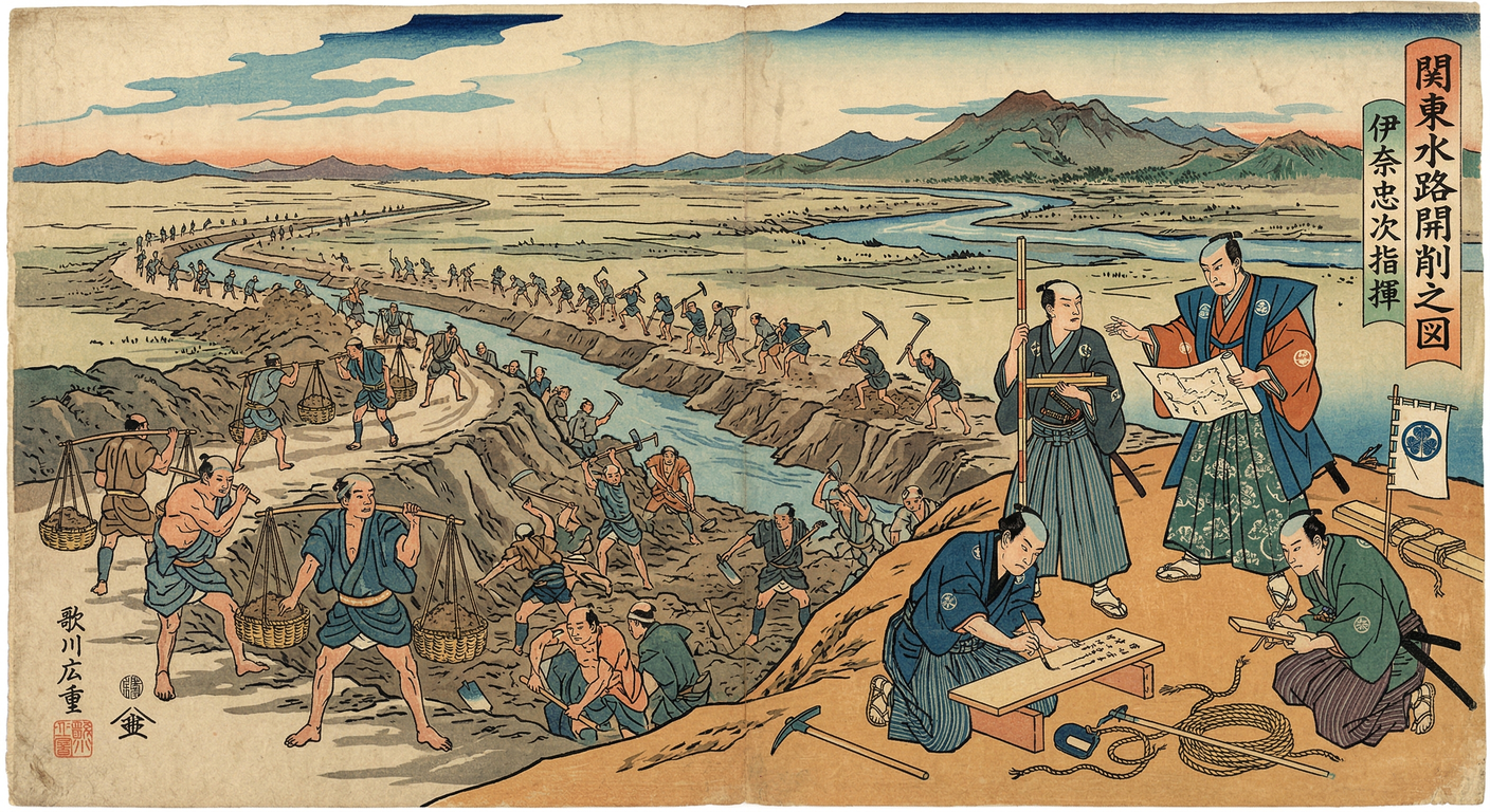 慶長9年、家康は関東平野治水と新田開発のため利根川東遷に着手。伊奈忠次指揮の下、江戸防衛、水運確保、伊達政宗への備えを目的とし、武力でなく技術で新時代を拓いた。