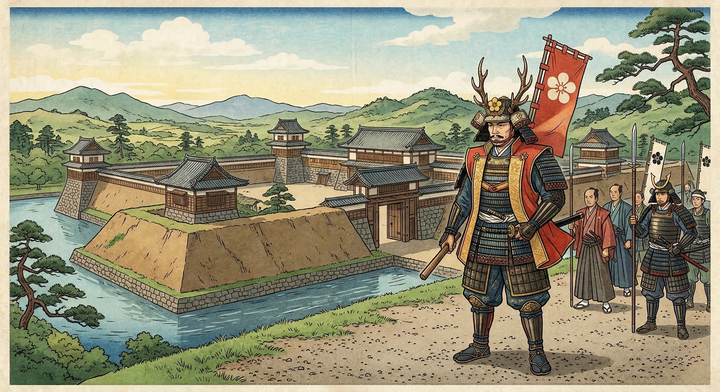 1583年、前田利家は賤ヶ岳の戦いで秀吉に与し金沢城に入城。織田家権力闘争の帰結であり、加賀百万石の礎を築く転換点。城下町を整備し融和策で統治した。