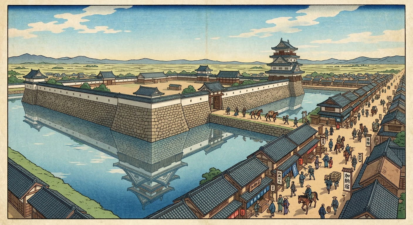 慶長6年、家康は信長の岐阜城を廃し、対西国の要衝として加納城の築城を命じた。天下普請で築かれ、交通を掌握し徳川支配を固める拠点となった。