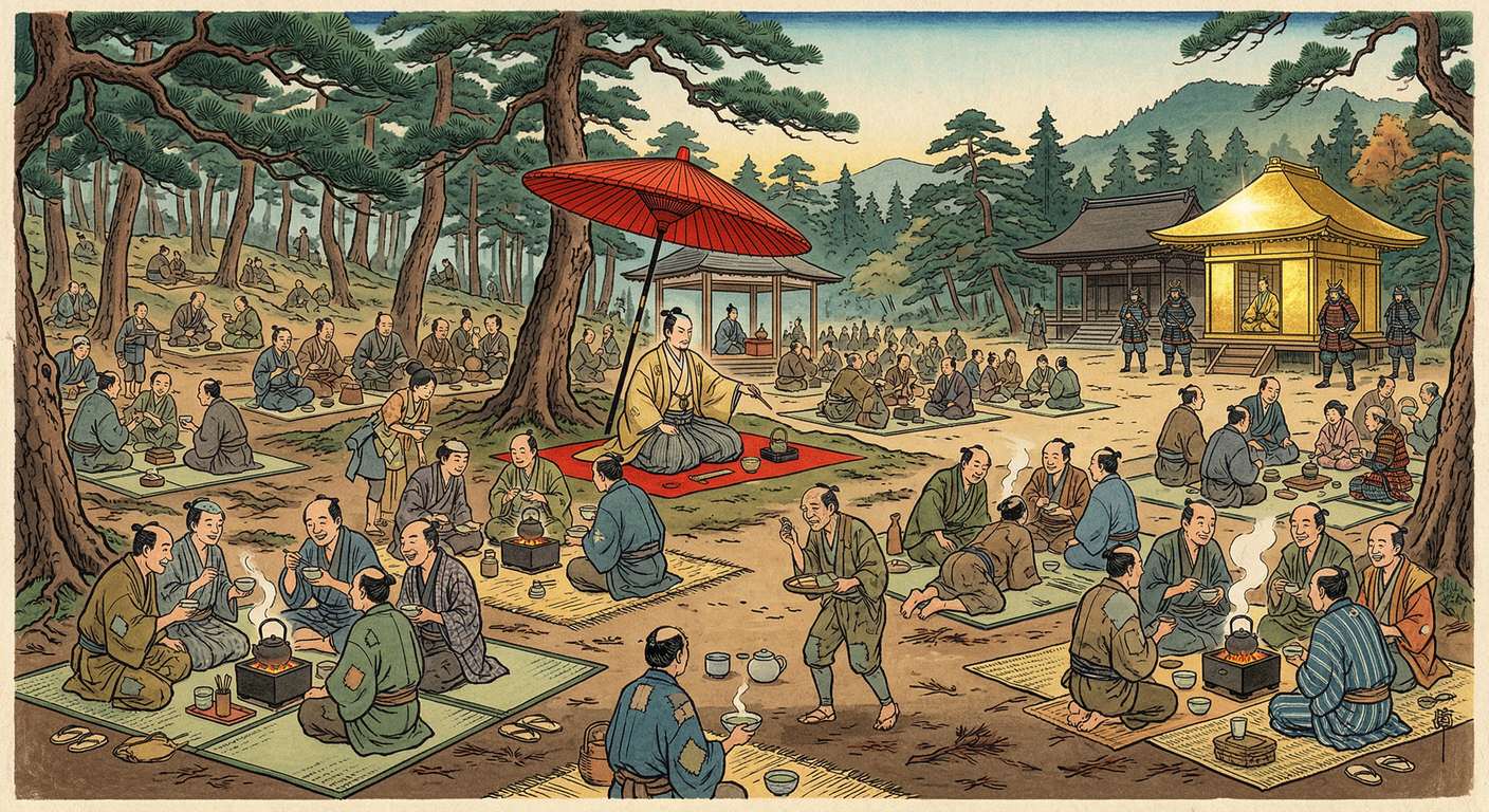 天正十五年、豊臣秀吉は北野大茶湯を催す。九州平定を祝し、身分問わず参加を許し文化の民主化を図る。秀吉の権威を天下に誇示する政治的祝祭であったが、肥後国人一揆により一日で中止。