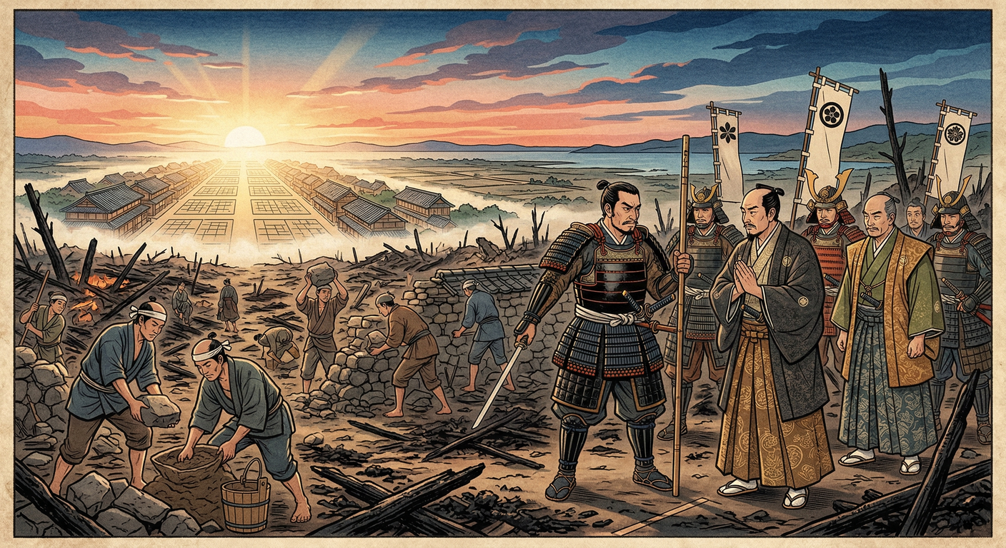 1587年、秀吉は九州平定後、戦火の博多を「太閤町割」で復興。官兵衛・三成らが奉行となり、革新的な政策で商都を再生。碁盤目状の街路と「流」の創設で、現在の福岡・博多の基礎を築いた。