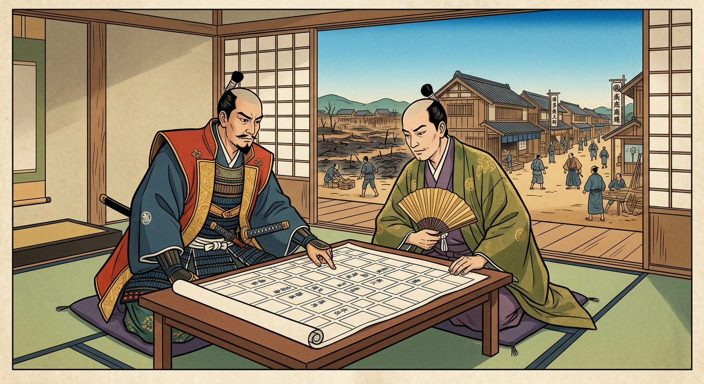 1587年、秀吉は博多荷駄税を整理。九州平定後の博多を大陸侵攻の兵站基地として再建するため、太閤町割りや定め九ヶ条を伴う複合的な国家戦略であった。