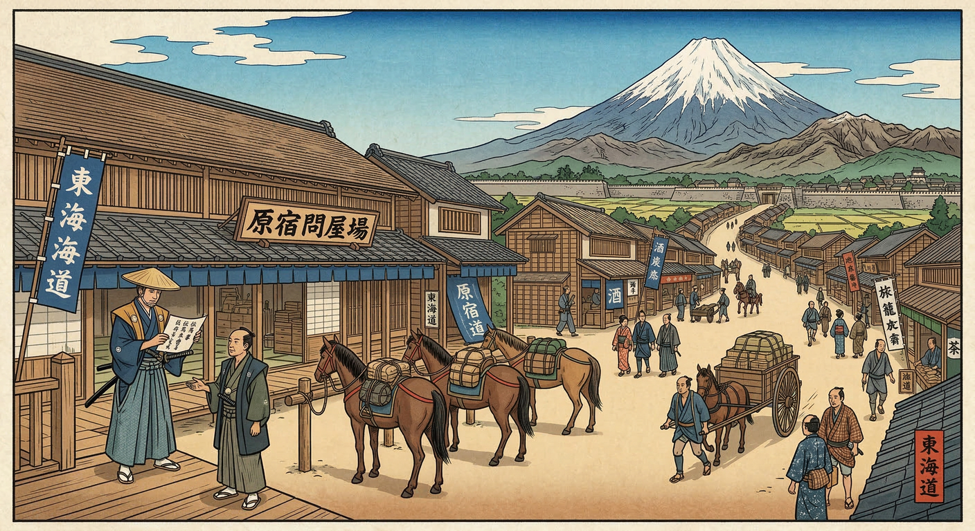 慶長6年、徳川家康は原宿を整備し東海道宿駅制度を確立。戦国伝馬制を全国規模に昇華し、江戸中心の交通網を構築。民衆に伝馬役を課し、高波被害で移転。幕府の高度な統治能力と戦国との決別を象徴。