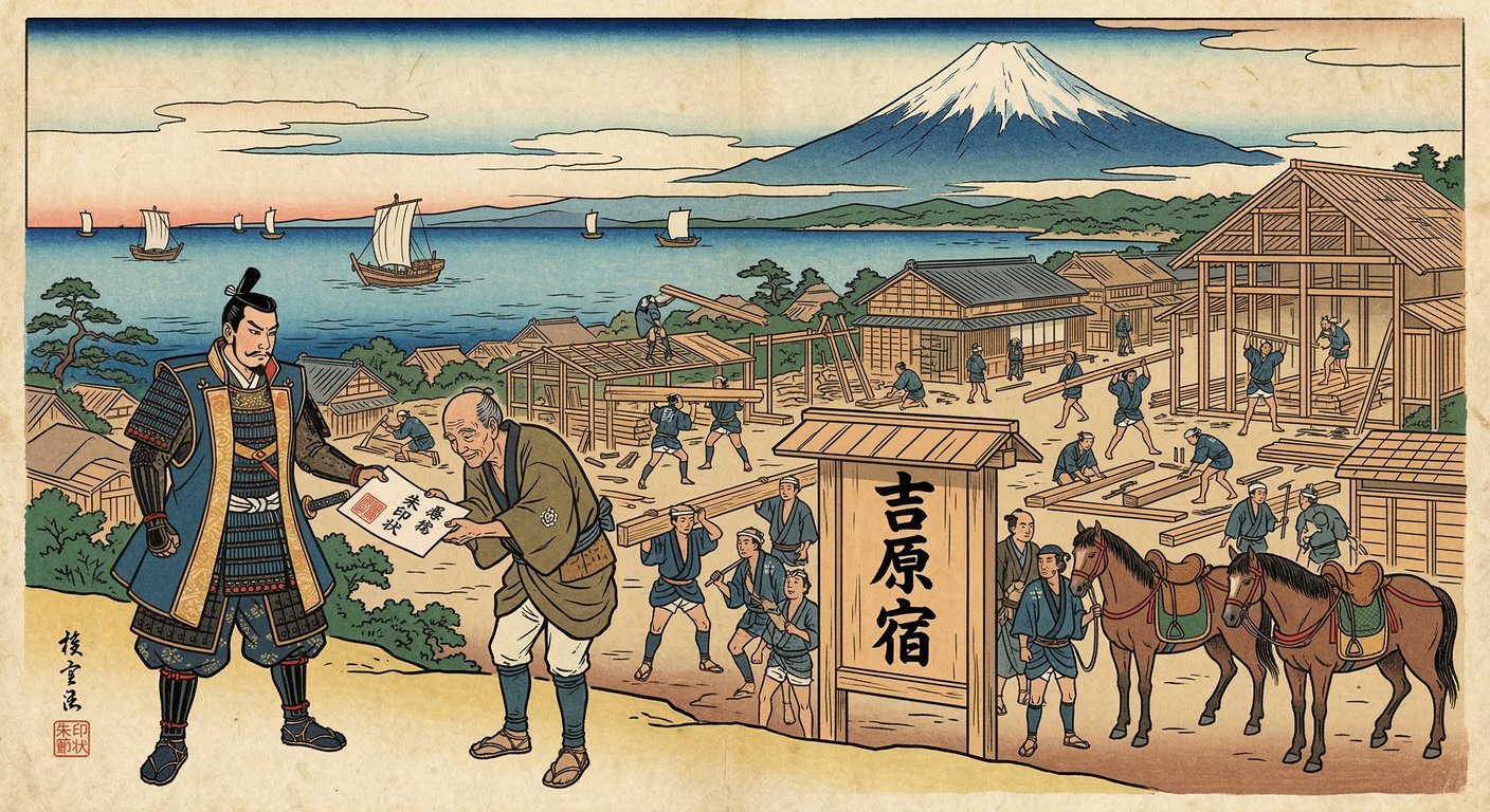慶長6年、徳川家康は吉原宿を整備。戦国終焉後の国家再編を象徴し、既存の交通結節点を活用。民衆に伝馬役を課し、津波で二度移転後「左富士」が誕生。富士川舟運と連携し、甲州経済統合も図った。