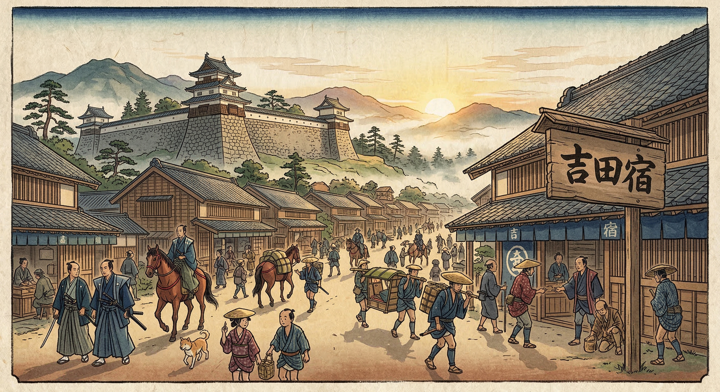 慶長6年、家康は関ヶ原後の全国支配のため東海道宿駅伝馬制度を整備。戦乱の要衝・吉田は池田輝政の整備を基盤に、宿場・城下・湊町を兼ねる複合都市へ変貌し、幕府交通網を支えた。助郷制度は農村に重い負担を強いた。