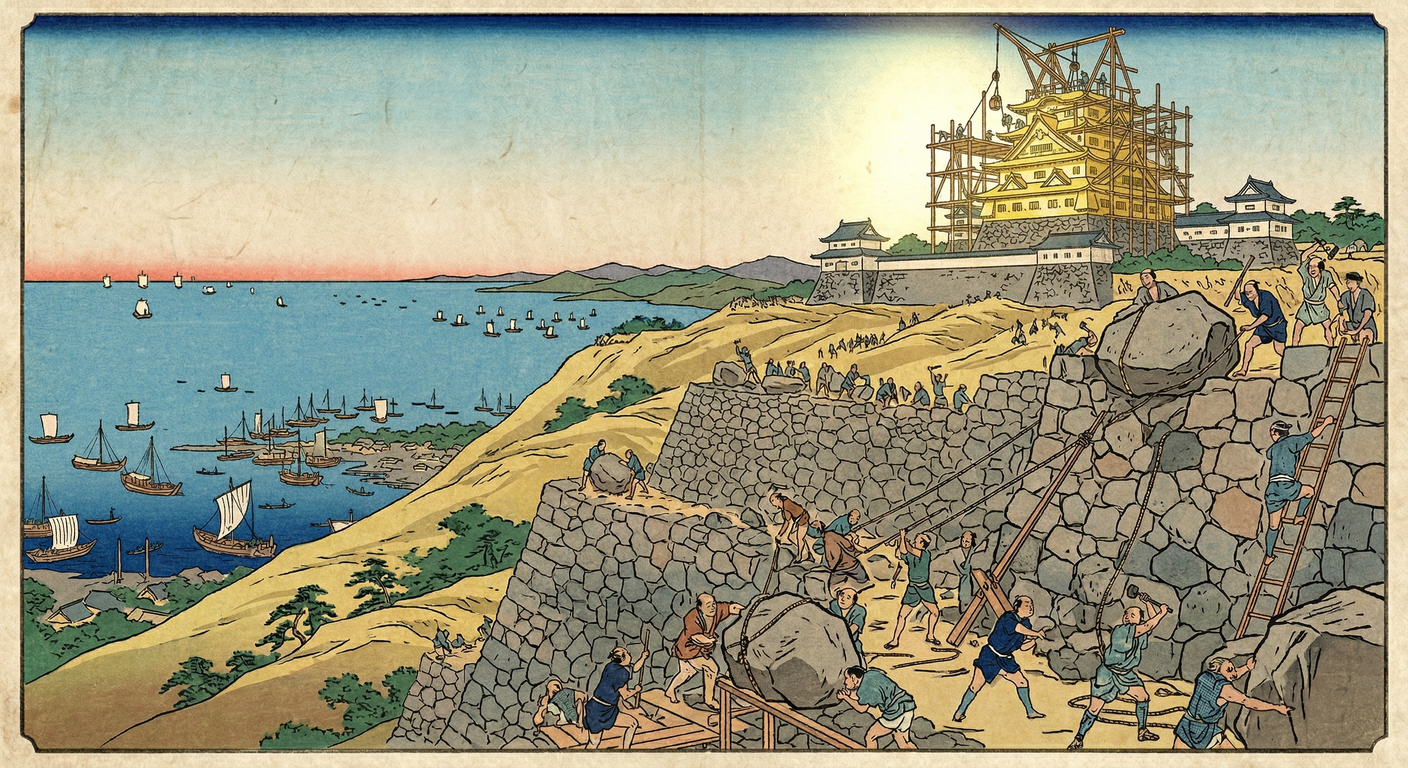 1591年、秀吉は朝鮮出兵拠点として名護屋城を築城。天下普請で短期間に巨大軍事都市を出現させ、最高司令部として機能。秀吉死後解体され「幻の都市」となるも、特別史跡に。
