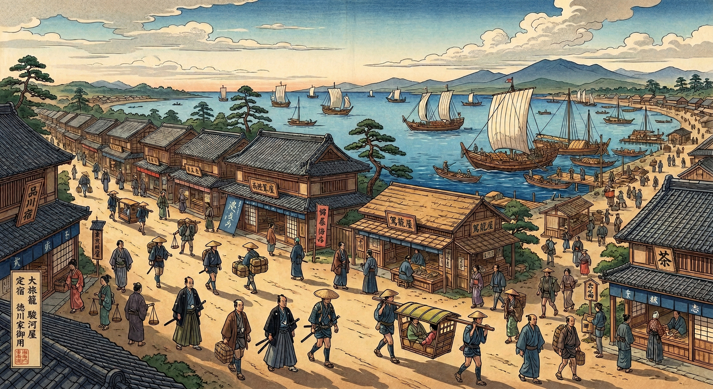 慶長6年、家康は東海道第一宿として品川を整備。戦国期の品川湊の価値を継承し、関ヶ原後の全国支配体制確立のため交通網を再編。品川は陸海複合ターミナルとして発展し、江戸の経済と文化の玄関口となった。