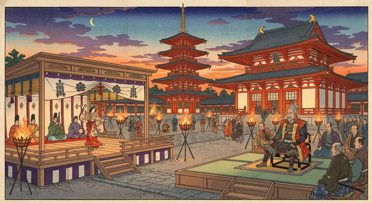 慶長6年、家康は病気平癒を祈願し四天王寺に「千返楽」を奉納。これは豊臣家再建の四天王寺権威を家康が接収する政治的行為。戦国から近世への権力移行を象徴する出来事であった。