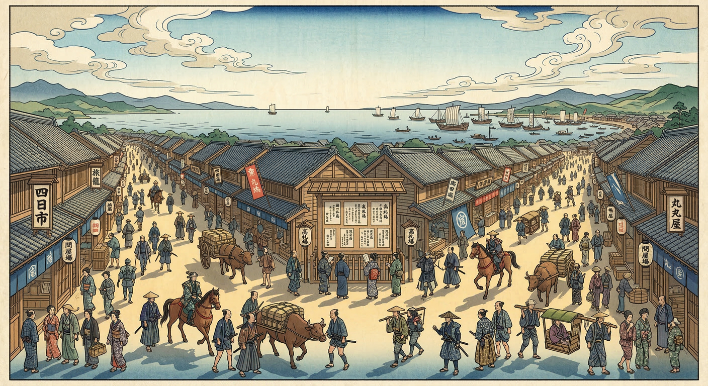 関ヶ原後の徳川家康による四日市宿整備は、戦国から江戸への転換点を示す国家事業。伊勢湾の要衝を掌握し、交通・情報網を確立、天領化で支配を盤石に。