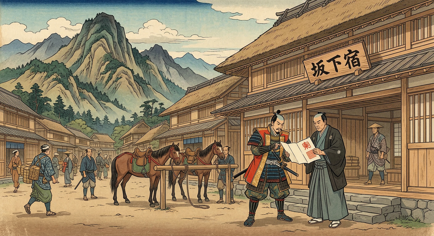 坂下宿は、1601年に徳川家康が鈴鹿峠の東麓に整備。戦国期の軍事拠点から東海道の宿場へ転換し、伝馬制度により交通・情報網を確立。1650年の大水害で移転再建され、徳川支配の礎を築いた。