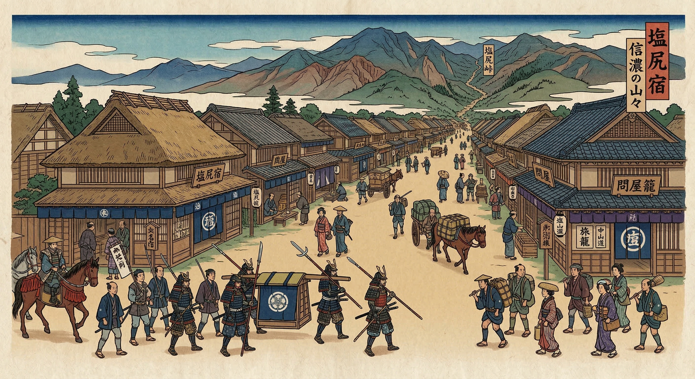 塩尻宿は戦国期の軍事拠点から徳川期の計画都市へ変遷。慶長7年に中山道から外れるも、大久保長安失脚後、慶長19年に新ルートで再整備され、交通の要衝として繁栄した。