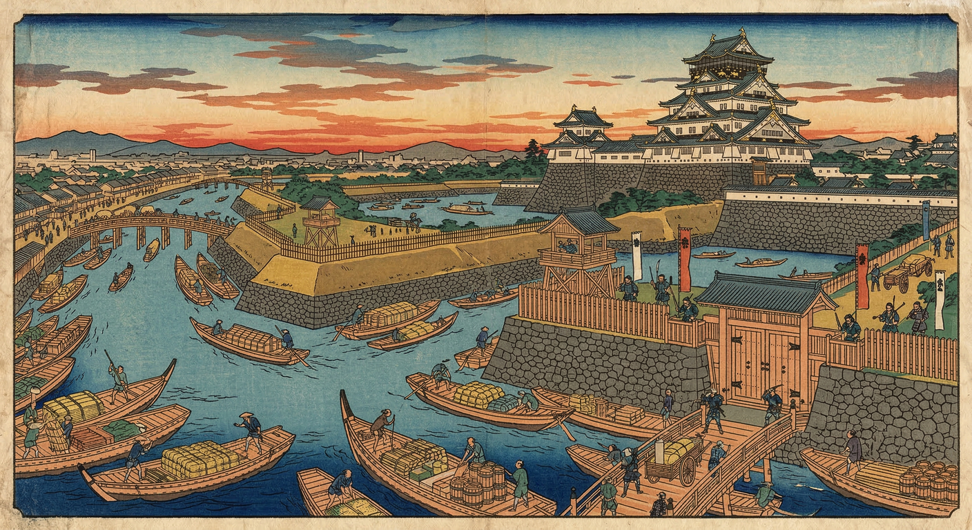 豊臣秀吉は1597年、大坂城下川筋を再編。これは惣構の防衛強化と舟運効率化を目的とした。大坂冬の陣で軍事的価値を発揮するも、豊臣家滅亡後は経済インフラとして「天下の台所」繁栄の礎となった。