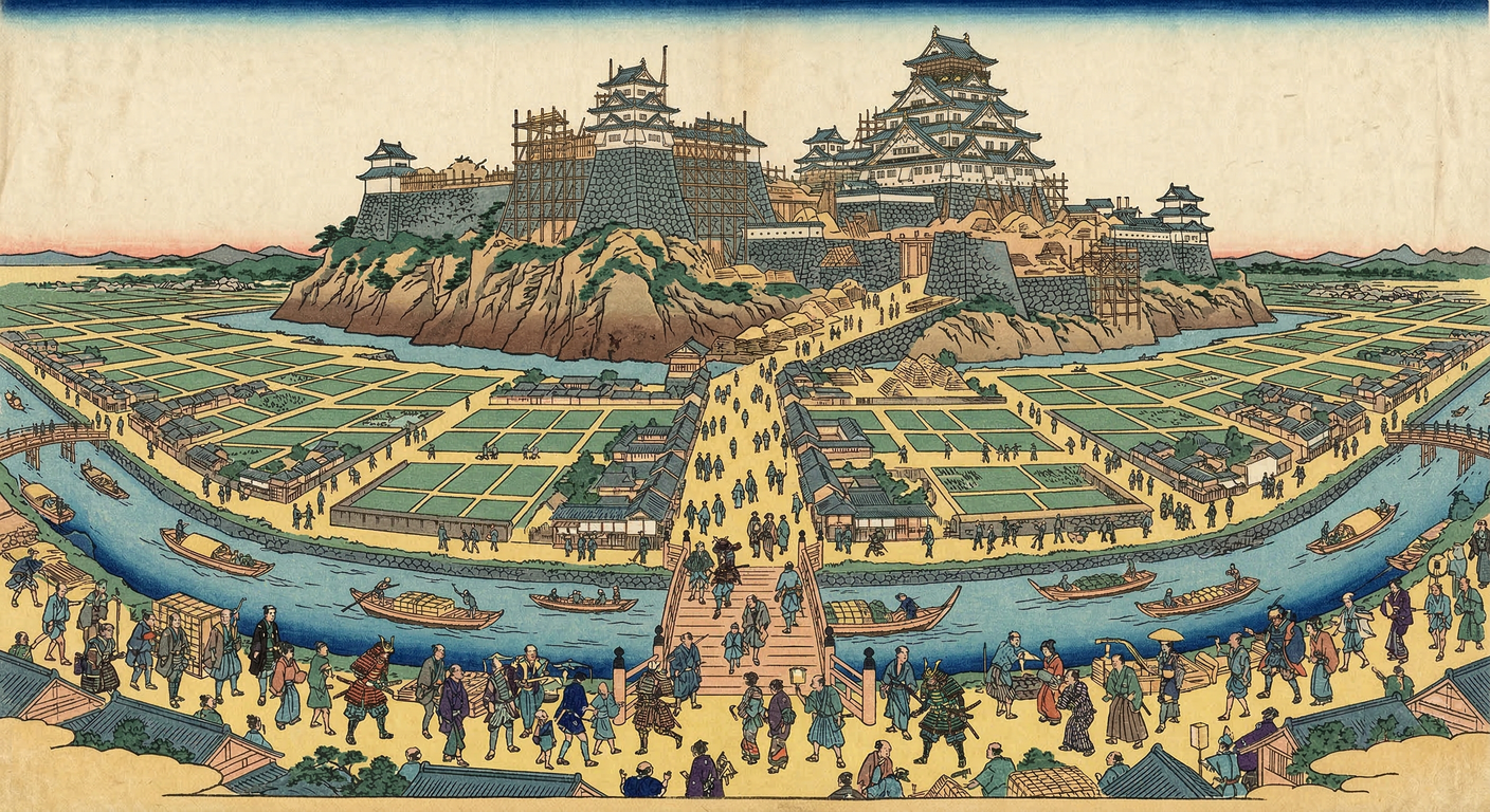 天正十一年、豊臣秀吉は賤ヶ岳の戦い後、大坂城築城と並行し城下町を整備。地政学的優位性を活かし、計画的な都市開発と商業振興で全国から商人誘致。大坂は「天下の台所」の基礎を築いた。