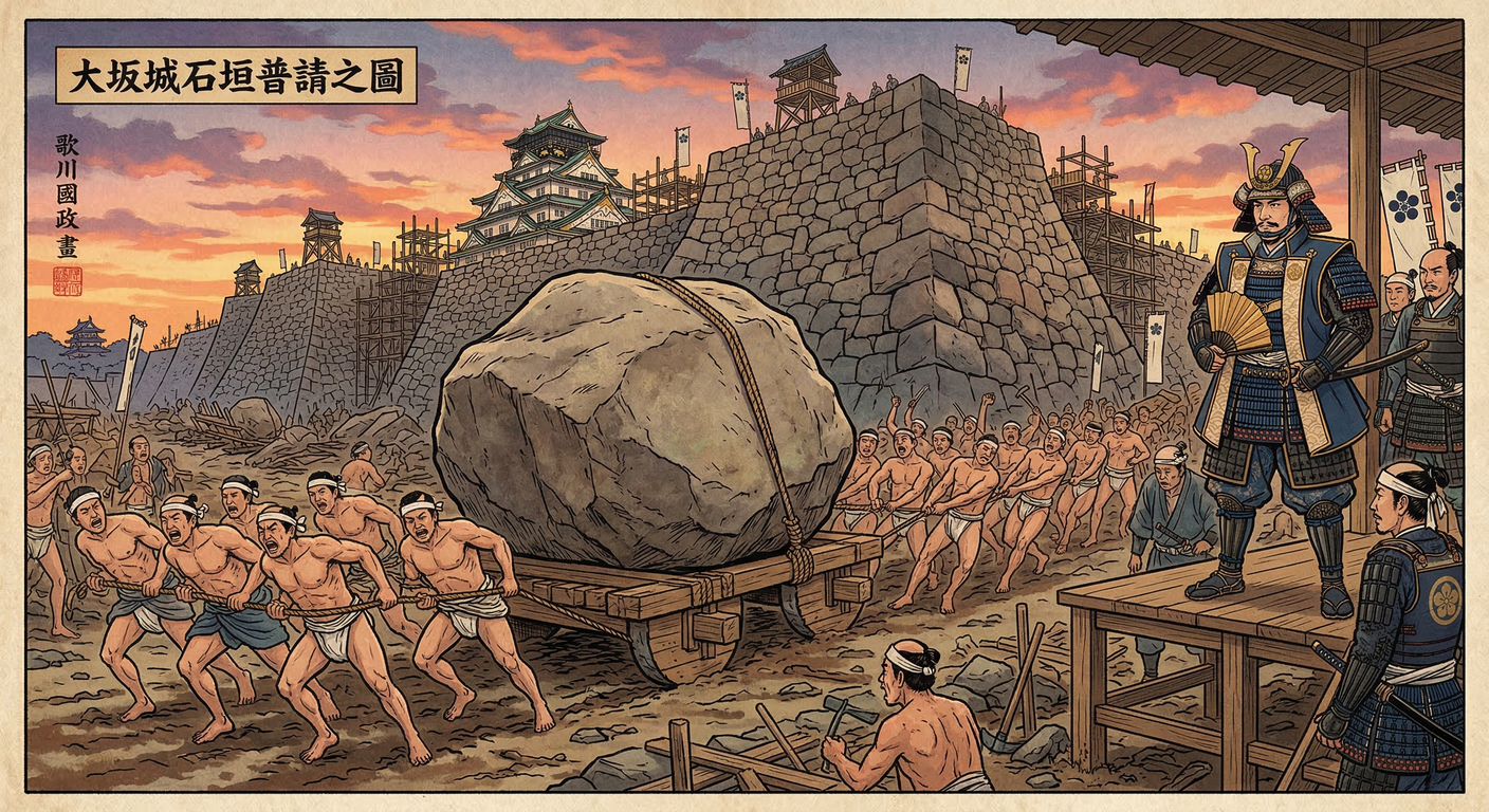 1594年、秀吉は大坂城石垣を増築。秀頼の安全確保、諸大名への権威誇示、伏見との二都体制確立という三重戦略で、防備強化以上の政治的意図があった。