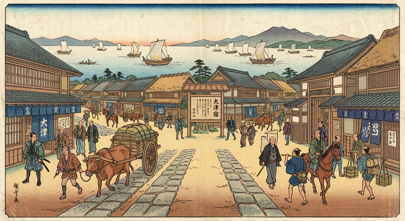 大津宿は、1601年に徳川家康が関ヶ原後の国家戦略として整備。琵琶湖水運と陸路の要衝を軍事拠点から宿場へ転換し、伝馬制度で情報・物流を掌握。東海道最大の宿場町として発展、徳川支配確立に貢献。