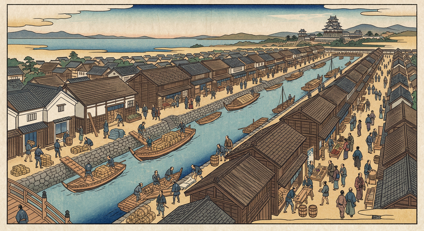 天正18年、秀吉は天下統一後、大津の町割整備を命じた。浅野長政を責任者とし、城の堀を舟入に転用するなど機能的な都市設計で物流ハブ化。国家経営への移行を象徴し、後の大津の繁栄と戦略的役割の礎となった。