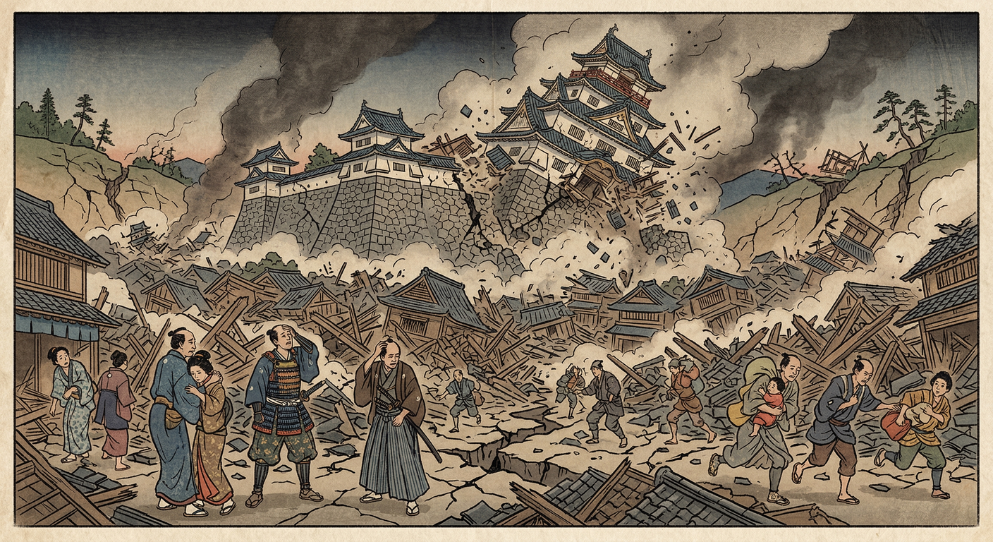 1586年の天正大地震は、秀吉の徳川征伐を頓挫させ、家康を救った。戦国終焉を促し、太閤検地や清洲越しなど近世社会形成に大きな影響を与えた。