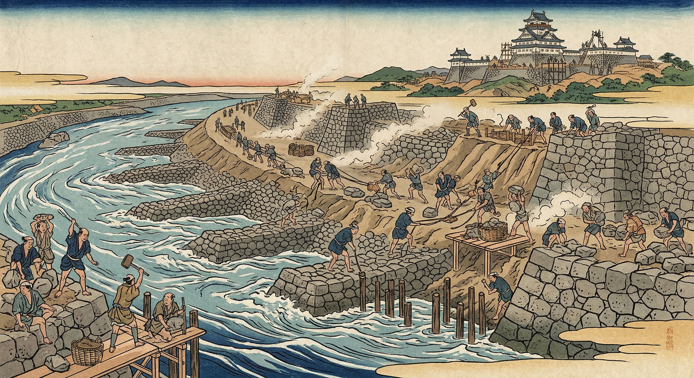 1594年、秀吉は伏見遷都計画で太閤堤を築造。宇治川流路変更と伏見港開港で治水・水運・陸運を整備し新首都とした。権力誇示と経済掌握の戦略だった。