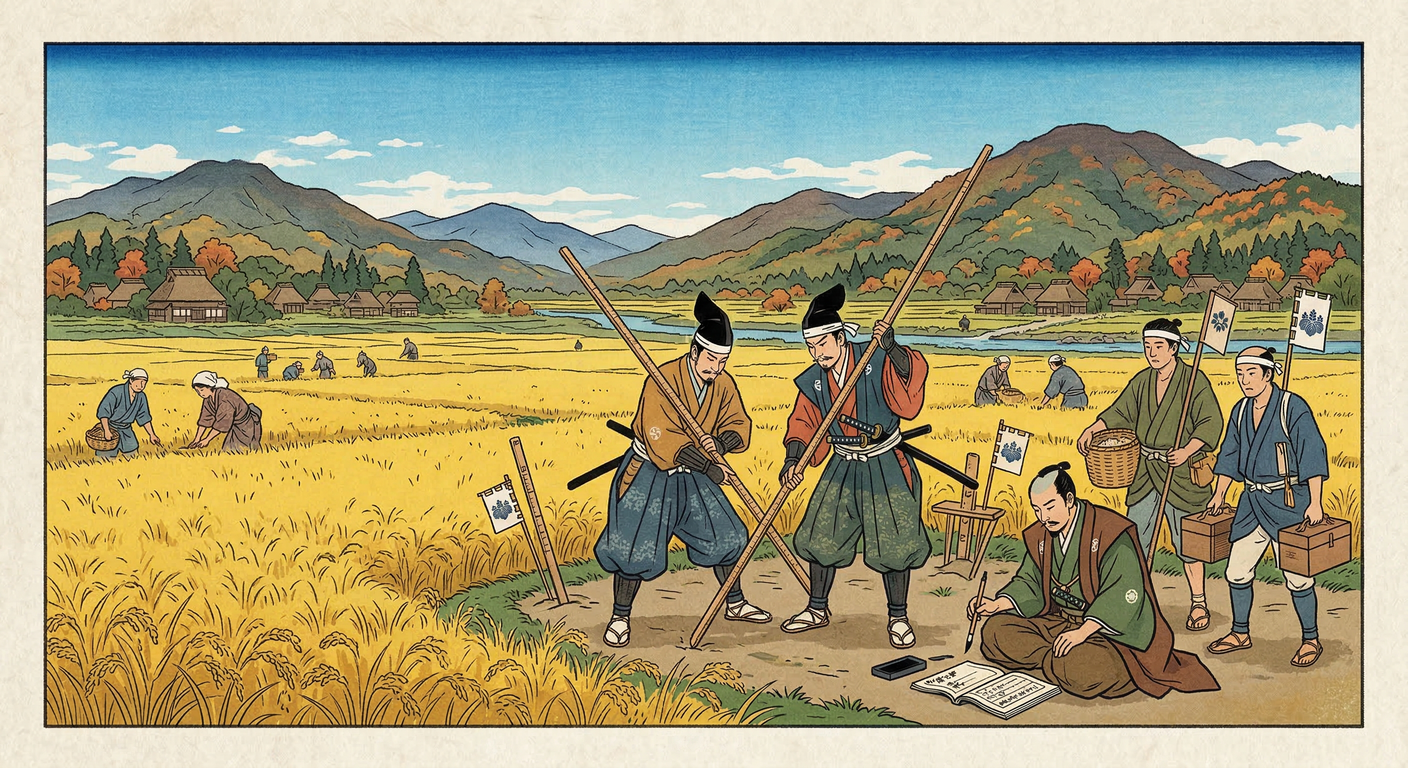 天正十年、豊臣秀吉は山城国で太閤検地を開始。本能寺の変後の混乱期に権力掌握と経済基盤確立を図る。石高制や一地一作人の原則へと発展し、荘園制を終焉させ、近世社会の礎を築いた。
