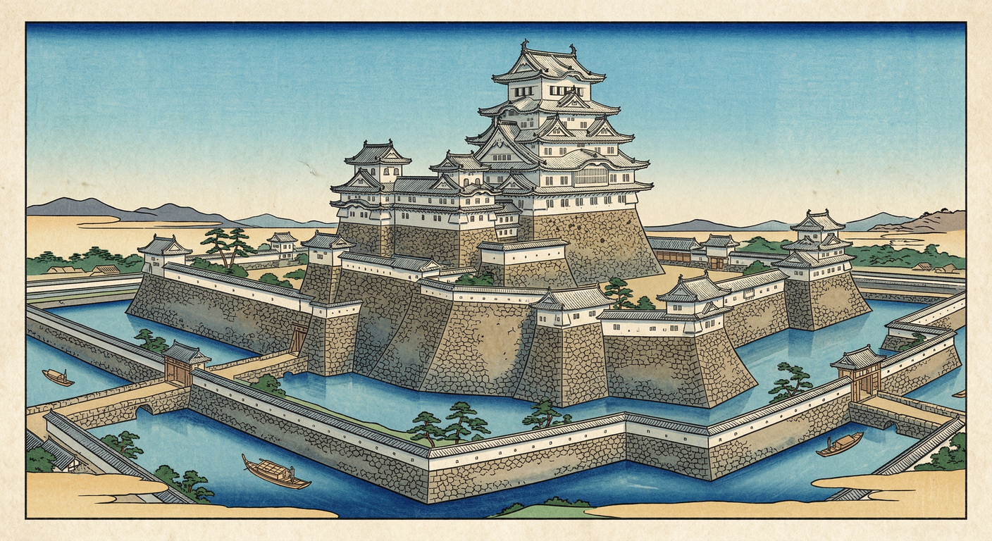 1601年、徳川家康の命により池田輝政が姫路城を大改修。関ヶ原後の西国監視拠点として、壮麗な連立式天守と巧妙な防御機構を持つ「白鷺城」が誕生。戦火を免れ、現代にその威容を伝える。