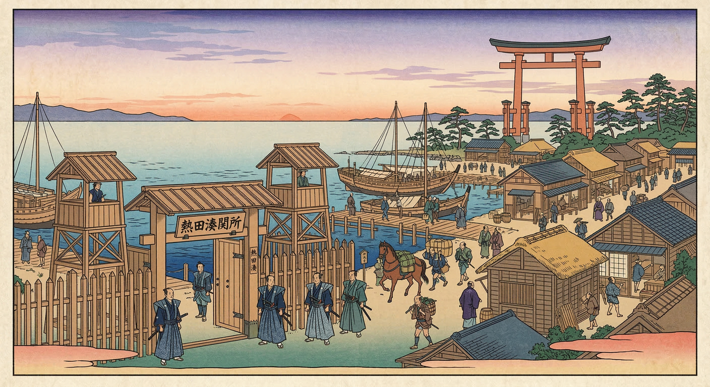 宮宿は、1601年に徳川家康が東海道の要衝として整備。七里の渡しを擁する陸海交通のハブとして、伝馬制度により軍事・政治・経済・情報網を掌握。東海道最大の宿場町へと発展し、徳川支配の確立に貢献した。