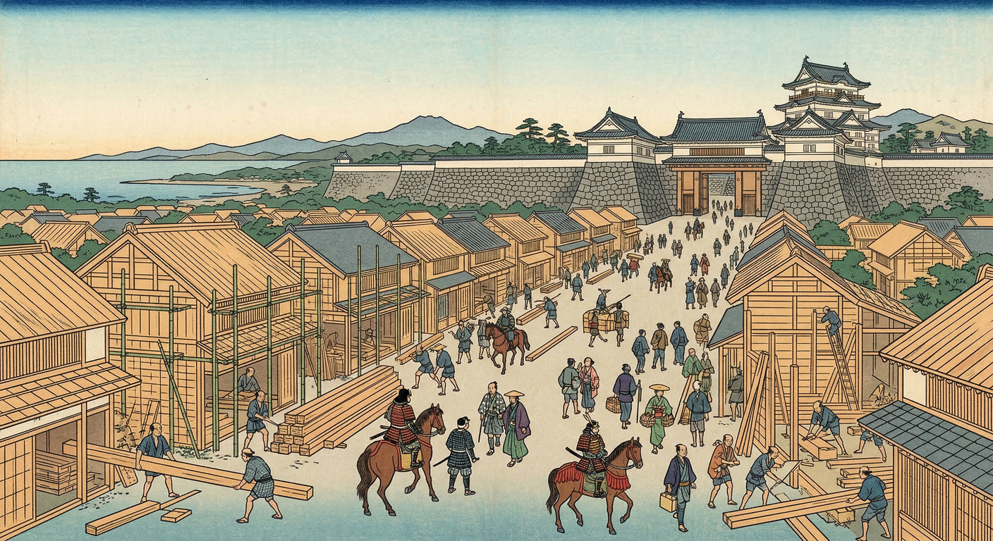 1590年、小田原は北条氏滅亡後、大久保忠世により戦国要塞都市から近世城下町へと変貌。総構を解体し、東海道を軸に再編され、現代小田原の都市骨格が形成された。