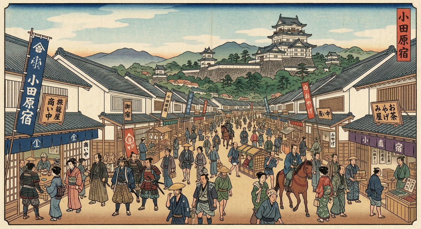 慶長6年、家康は東海道宿駅伝馬制度を制定し、小田原は宿場町へ再編。北条氏の軍事都市から近世都市へ転換し、大久保氏の城郭改修や稲葉氏による東海道ルート変更を経て、経済と社会が変容した。