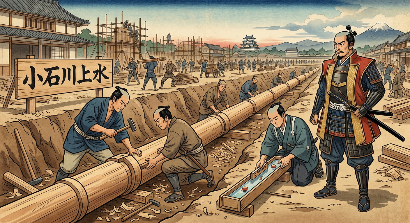 徳川家康は江戸入府後、飲料水確保のため小石川上水整備に着手。慶長11年（1606年）に大規模整備が行われ、戦国技術が集約。大久保忠行が総責任者となり、江戸の都市機能と人口増加を支える生命線となった。