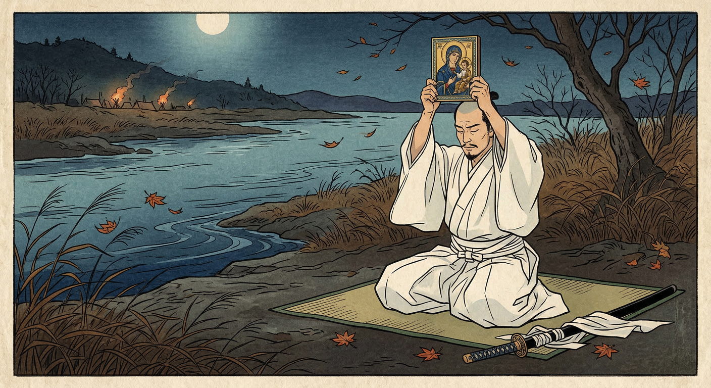 1600年関ヶ原後、西軍小西行長は捕縛され、武士の常識に反し自害を拒否。信仰を貫き、三成、恵瓊と共に六条河原で処刑。徳川の秩序を示す政治的儀式。