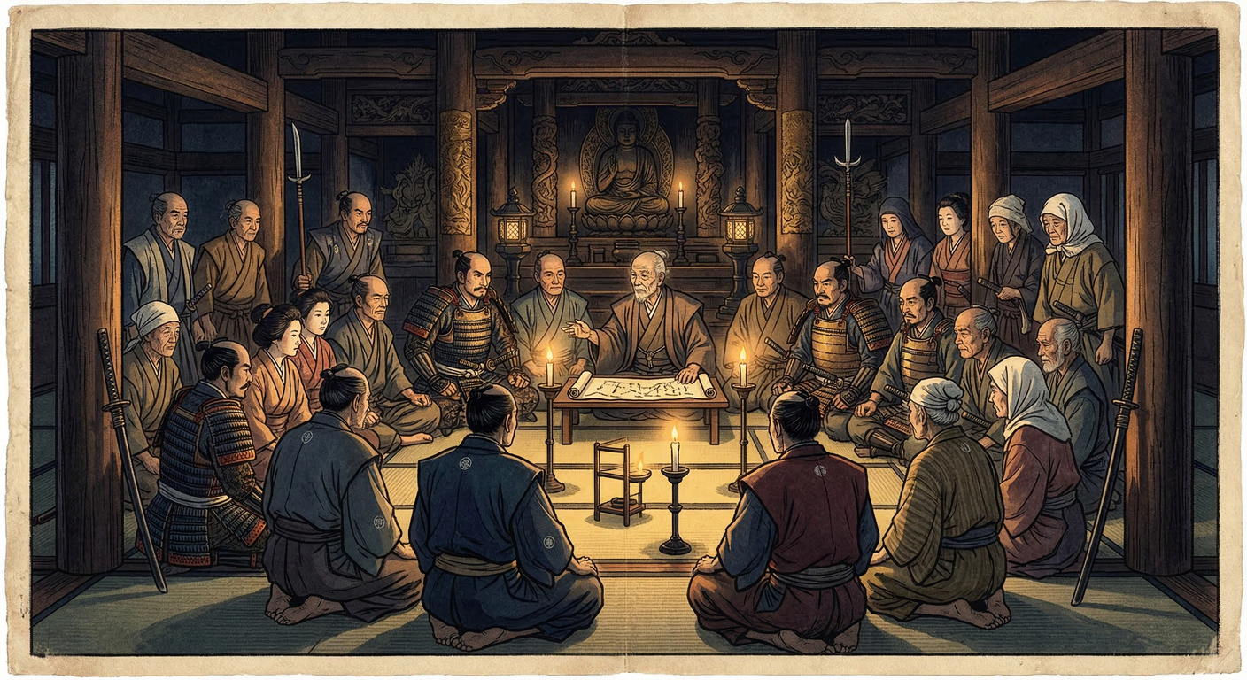 文明17年（1485年）、山城国で国人・農民らが蜂起し畠山両軍を追放。8年間「惣国」として自治を確立したが、内部対立と明応の政変で崩壊。民衆が自ら秩序を築いた画期的な事件であった。