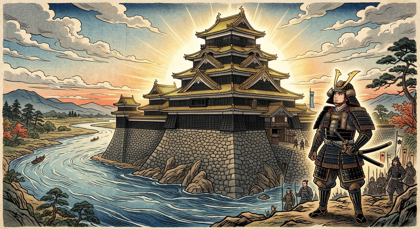 慶長二年、豊臣五大老・宇喜多秀家は岡山城天守を完成。漆黒の「烏城」は、秀吉の大坂城に範をとり、不等辺五角形の天守台を持つ。旭川の流路変更で城下町を整備し、豊臣政権の威光を示す西国の拠点となった。