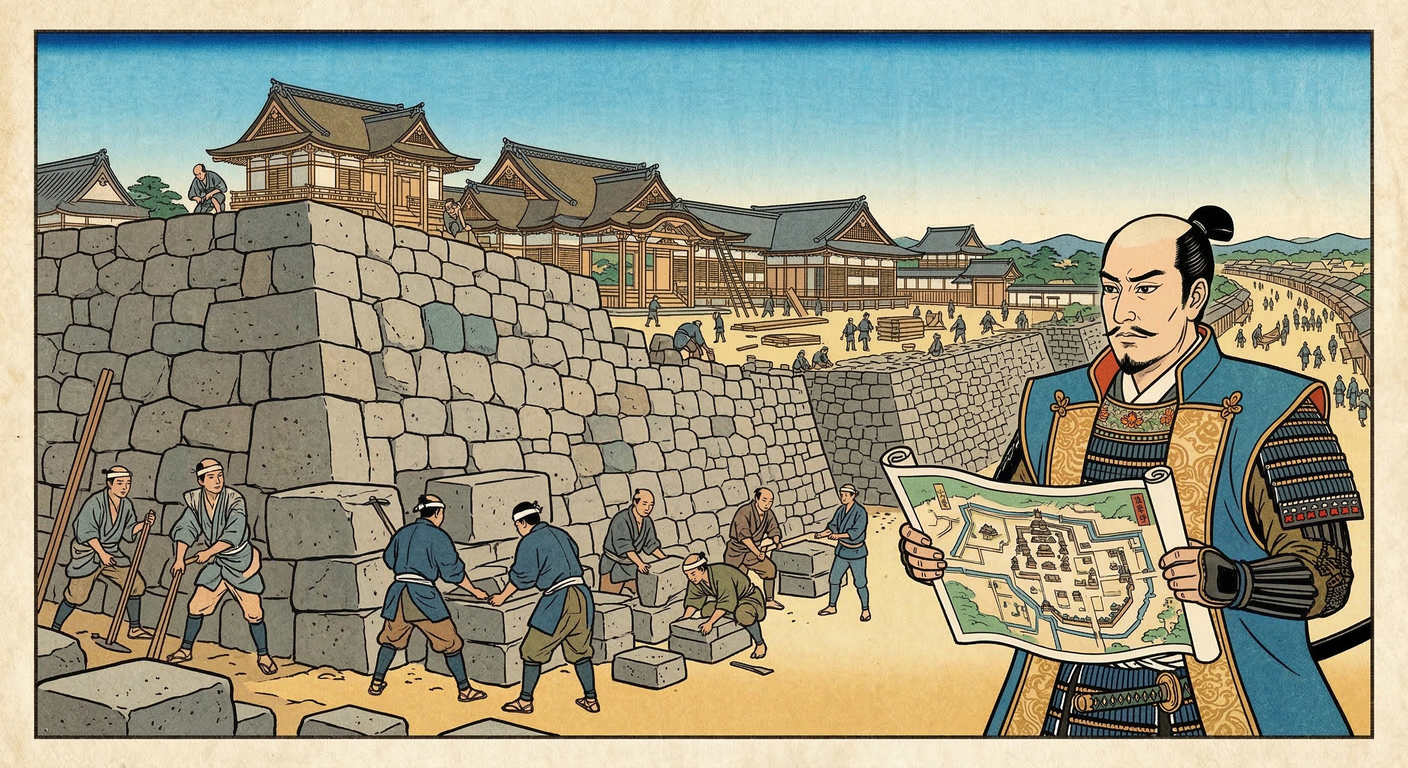 豊臣秀吉の命で岡崎城主となった田中吉政は、徳川家康への備えとして城郭を近世城郭へと大改修。二の丸整備、総構え、東海道の「二十七曲り」を導入し、岡崎を軍事・経済両面で発展させた。