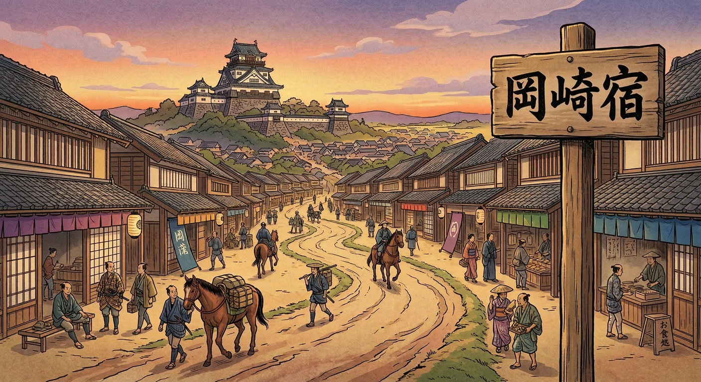 慶長6年（1601年）岡崎宿は徳川家康の五街道整備で創設。家康生誕地で、戦国終焉と泰平の礎。田中吉政の都市計画を転用し、交通・経済拠点として発展。