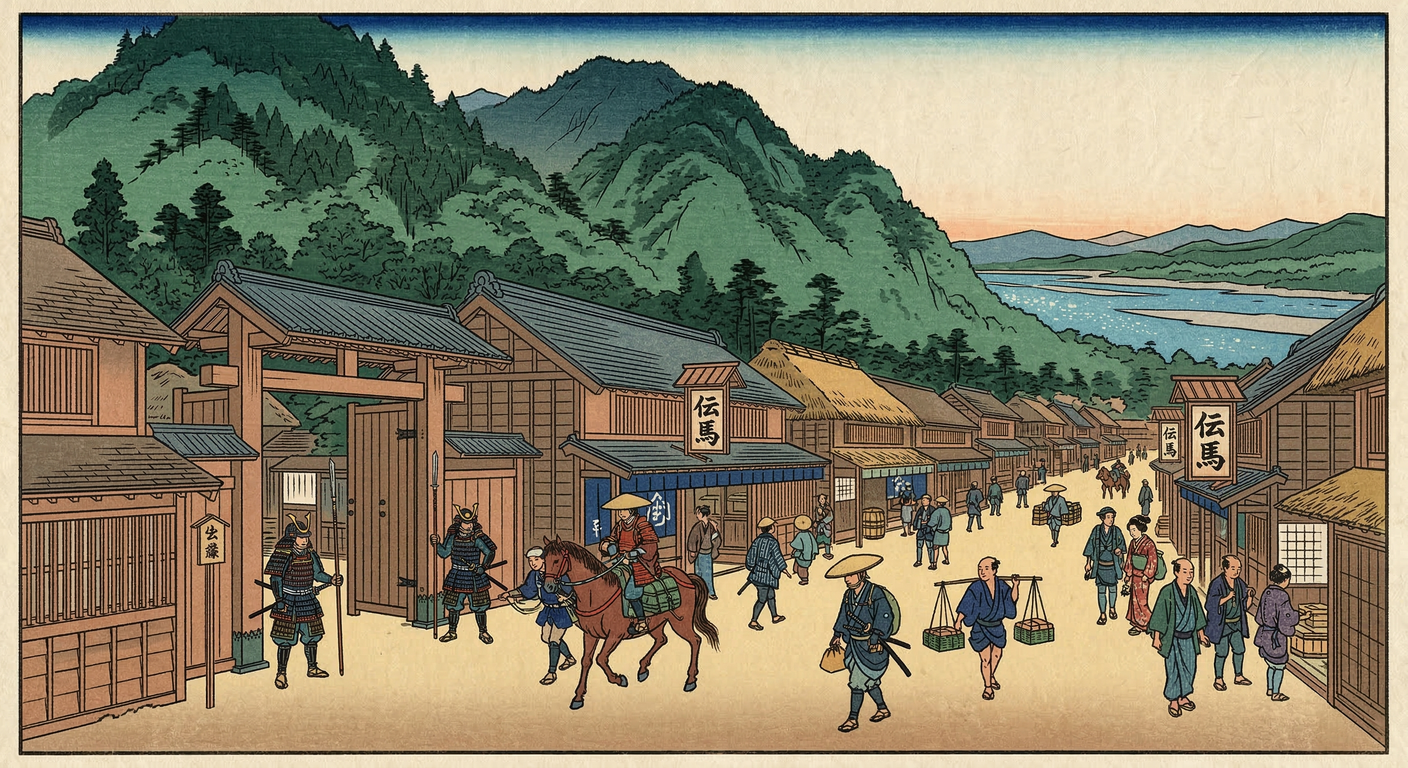 岡部宿整備は、徳川家康が戦国から江戸への移行期に東海道の交通網を整備した国家事業。宇津ノ谷峠と大井川に挟まれた要衝で、武力から制度への支配転換を象徴。