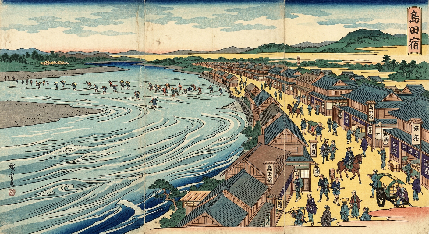 1601年、徳川家康は東海道島田宿を整備。大井川の難所を管理し、川越制度を確立。戦国終焉と泰平の礎を築く極めて重要な役割を果たした。